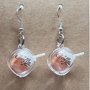 Handmade Miniature Iced Coffee Cup Dangle Earrings Brown White Kitsch Novelty
